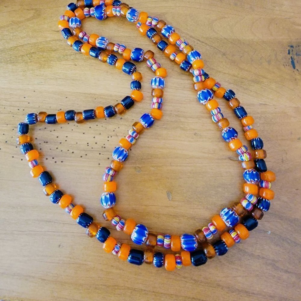 Set of 2 India Beads Orange and Blue Double Necklaces‎ - Handmade